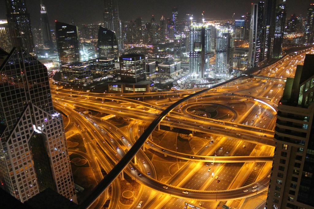 Busy network of roads in the city at night